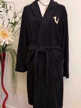 True Religion Black Plush Robe with Gold Logo